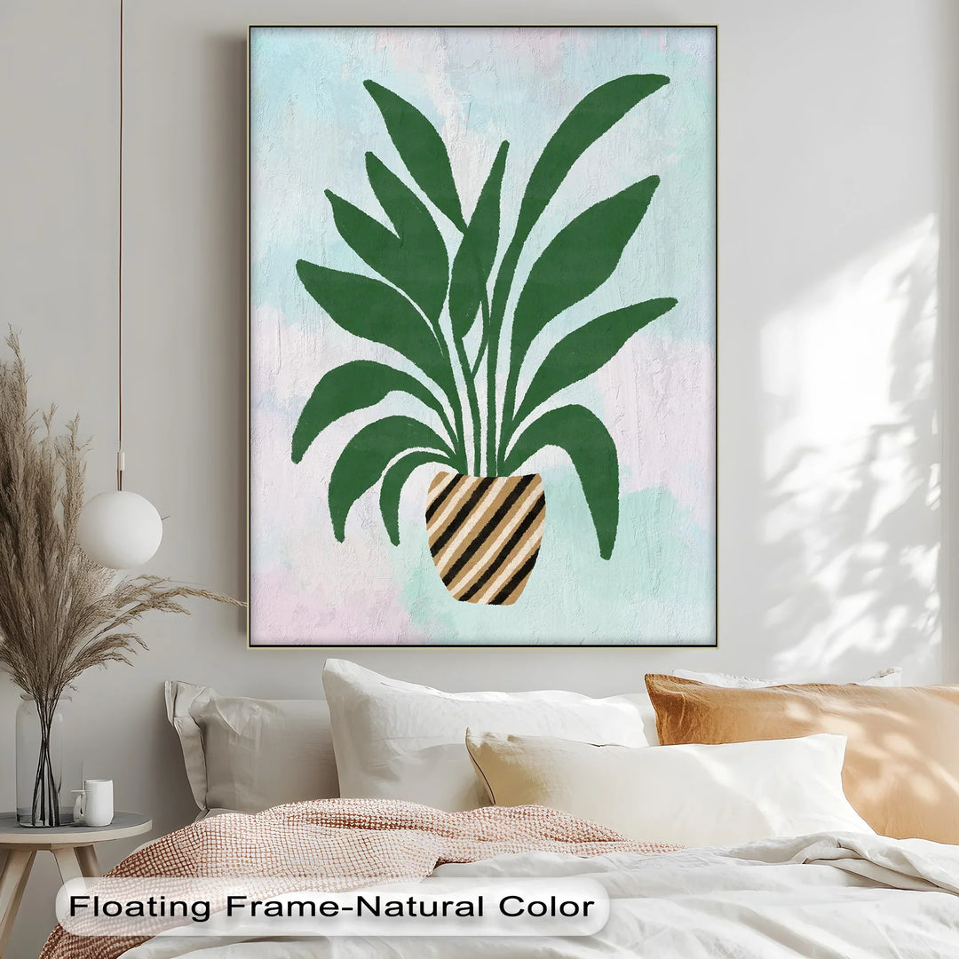 Striped Planter Botanical Art – Minimalist Green Leaf Canvas Print - MyPhotoStation