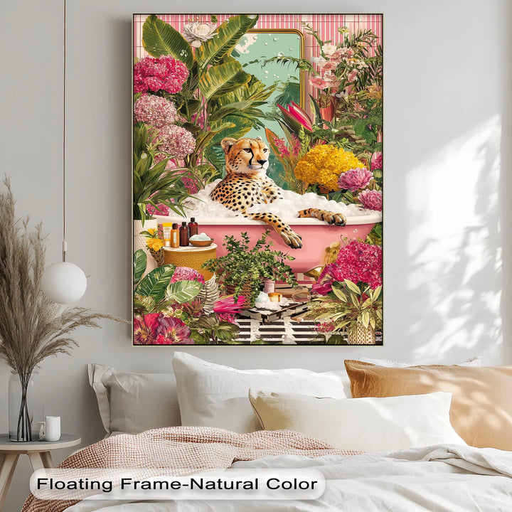 Cheetah in Pink Bathtub – Whimsical Jungle-Inspired Canvas Print - MyPhotoStation