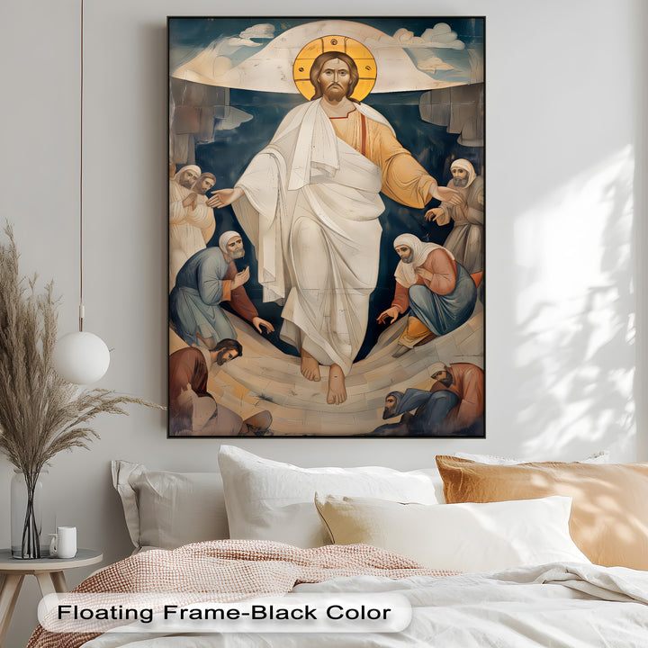 Visual rhythm of Resurrection of Christ canvas pictures is conveyed by ascending Jesus and reverent figures, forming powerful Christian religious wall art.