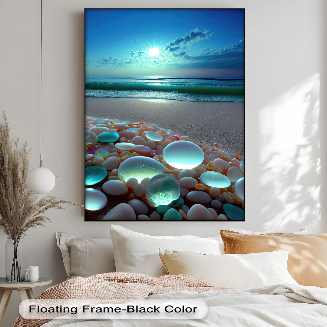 The dark expanse of the water and beach under the vibrant sunset on this Glowing Pebble Beach premium canvas decor.