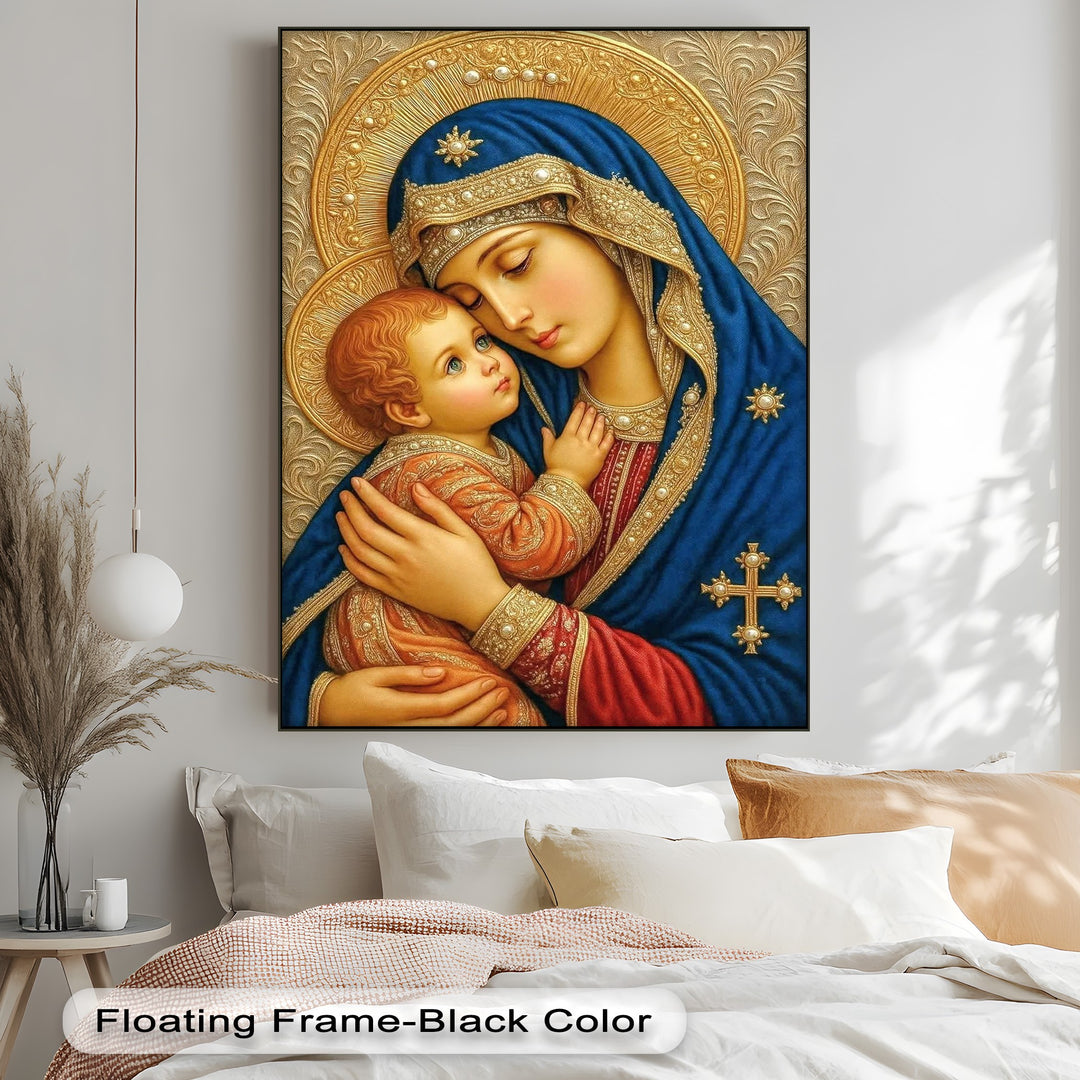 The rich color saturation of this premium canvas decor vividly portrays the Madonna and Child in vibrant blue robes and radiant gold halos.