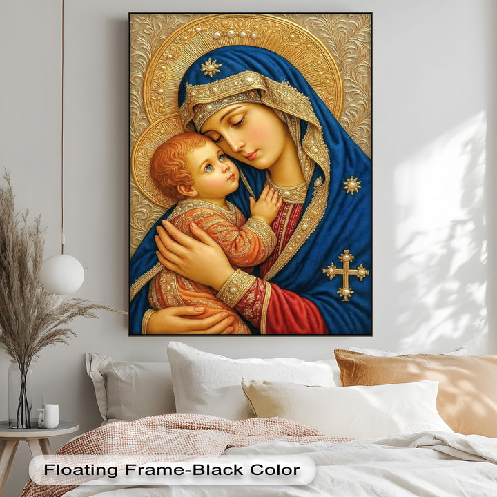 The rich color saturation of this premium canvas decor vividly portrays the Madonna and Child in vibrant blue robes and radiant gold halos.