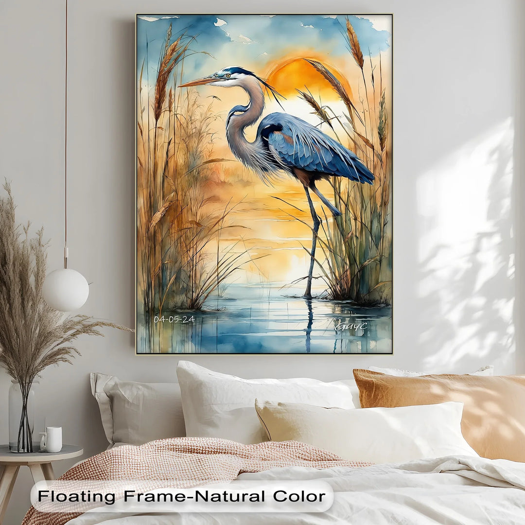 Majestic Blue Heron at Sunset – Serene Waterscape Canvas Print - MyPhotoStation