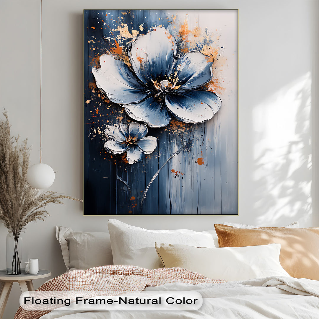 Electric Midnight Bloom – Blue and White Abstract Floral Canvas Print