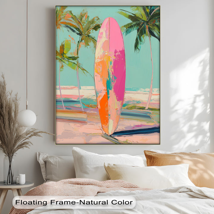 Sunset Ride – Vibrant Surfboard Beach Scene Canvas Print