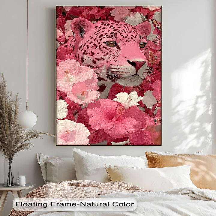 Blush Predator – Pink Leopard in Hibiscus Jungle Canvas Print