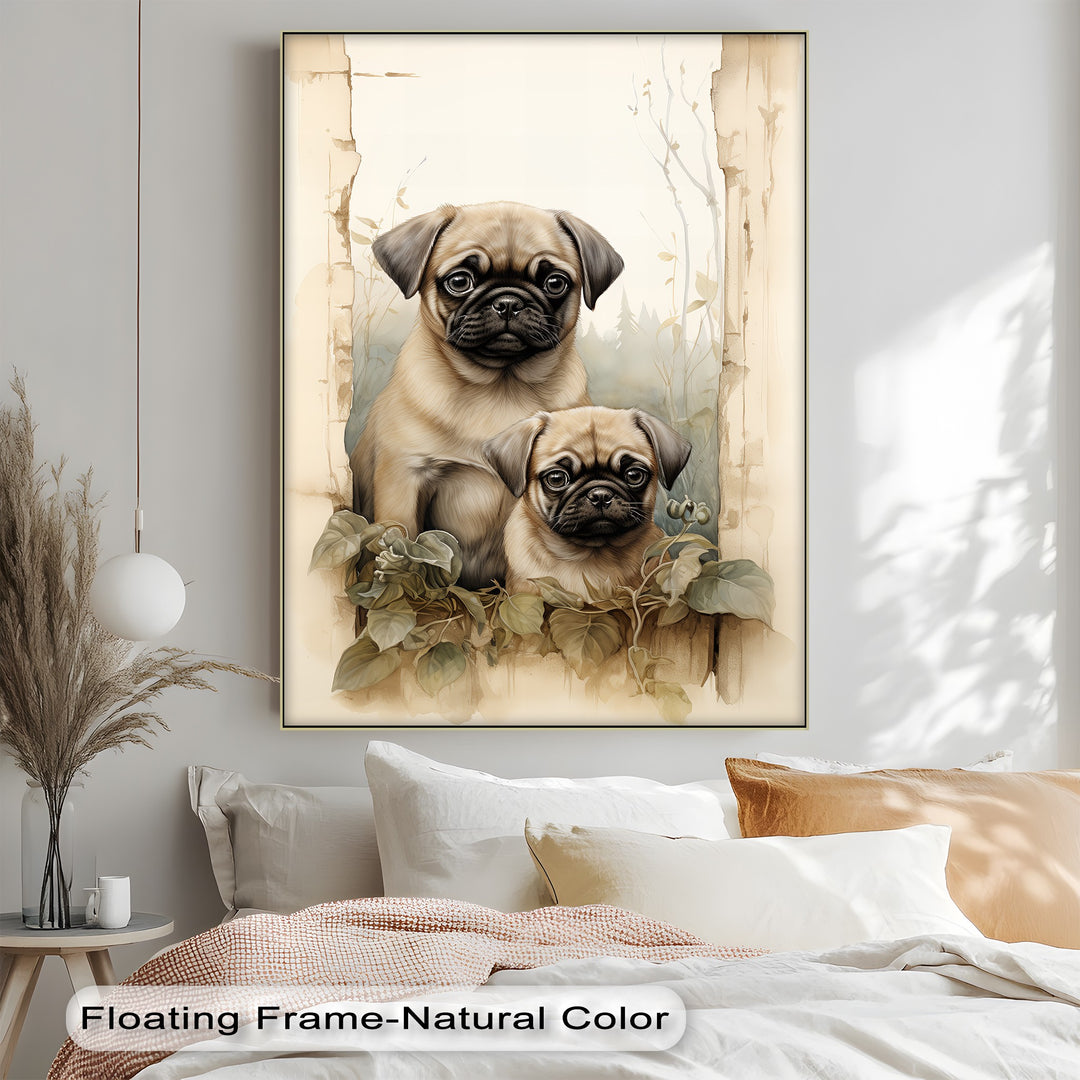 Twin Pug Companions – Vintage Botanical Style Puppies Canvas Print