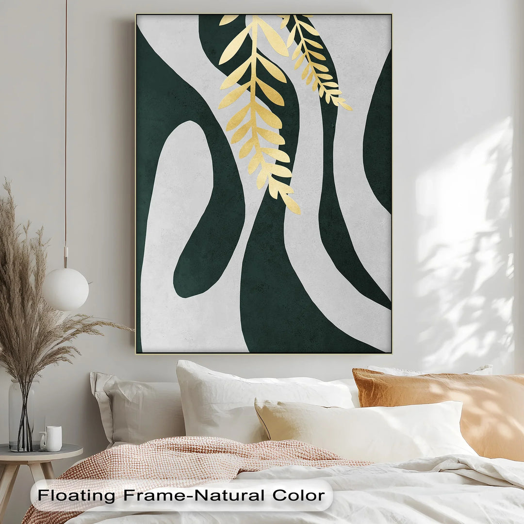 Golden Fern Over Emerald Flow – Minimal Botanical Canvas Print - MyPhotoStation