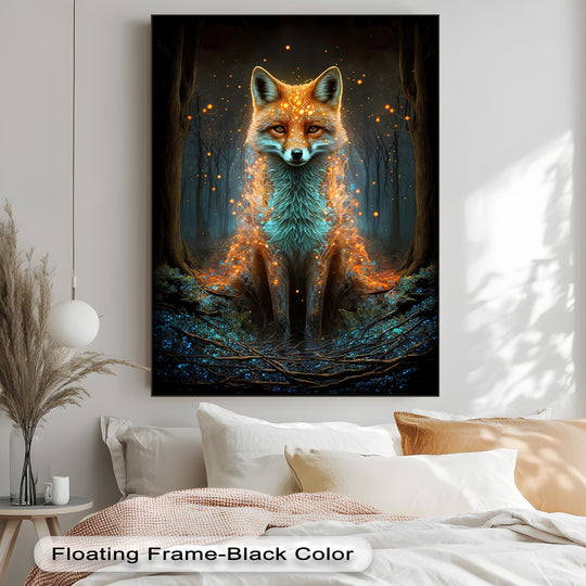 A captivating mystic fox, brilliantly illuminated with ethereal orange and blue light in an enchanted forest, is featured on this framed canvas.