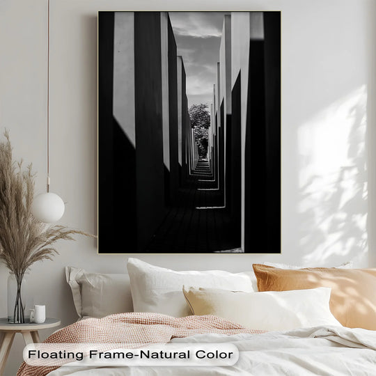 Geometric shapes define the architectural canvas print, creating a unique canvas print with bold, black-and-white contrasts in an infinite path.