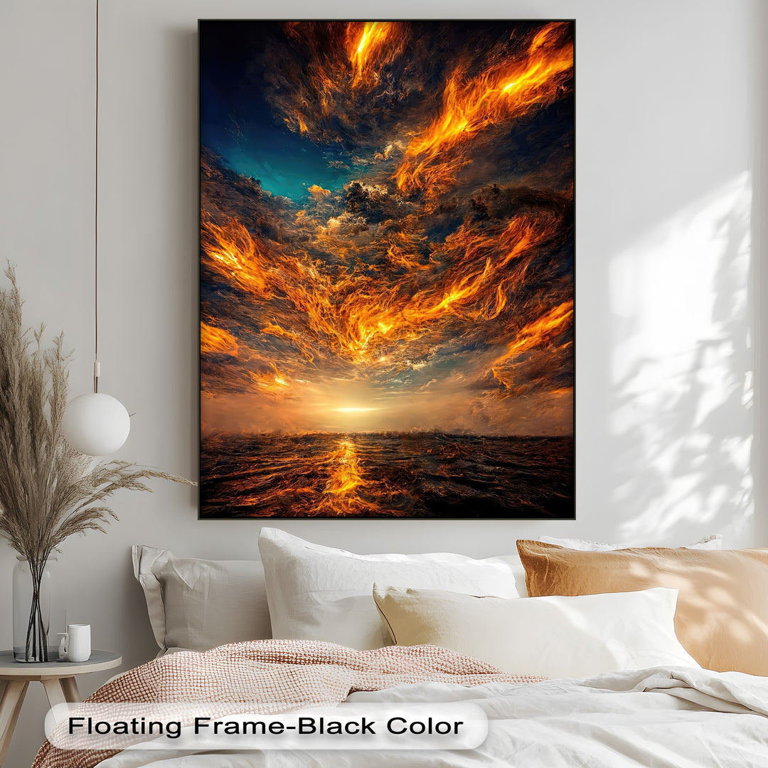 The central subject, a Firestorm Sky best canvas print, depicts tumultuous fiery clouds over dark ocean waves and a glowing horizon.