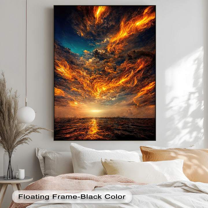 The central subject, a Firestorm Sky best canvas print, depicts tumultuous fiery clouds over dark ocean waves and a glowing horizon.