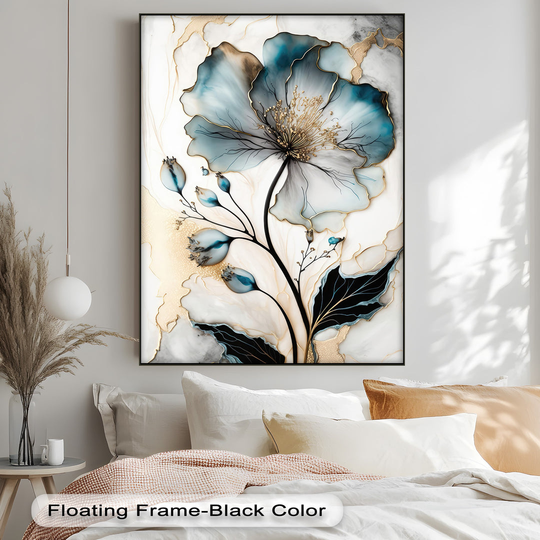 The visual rhythm of this exquisite blue floral canvas art captivates with swirling azure petals and fluid golden accents, an abstract flower design.