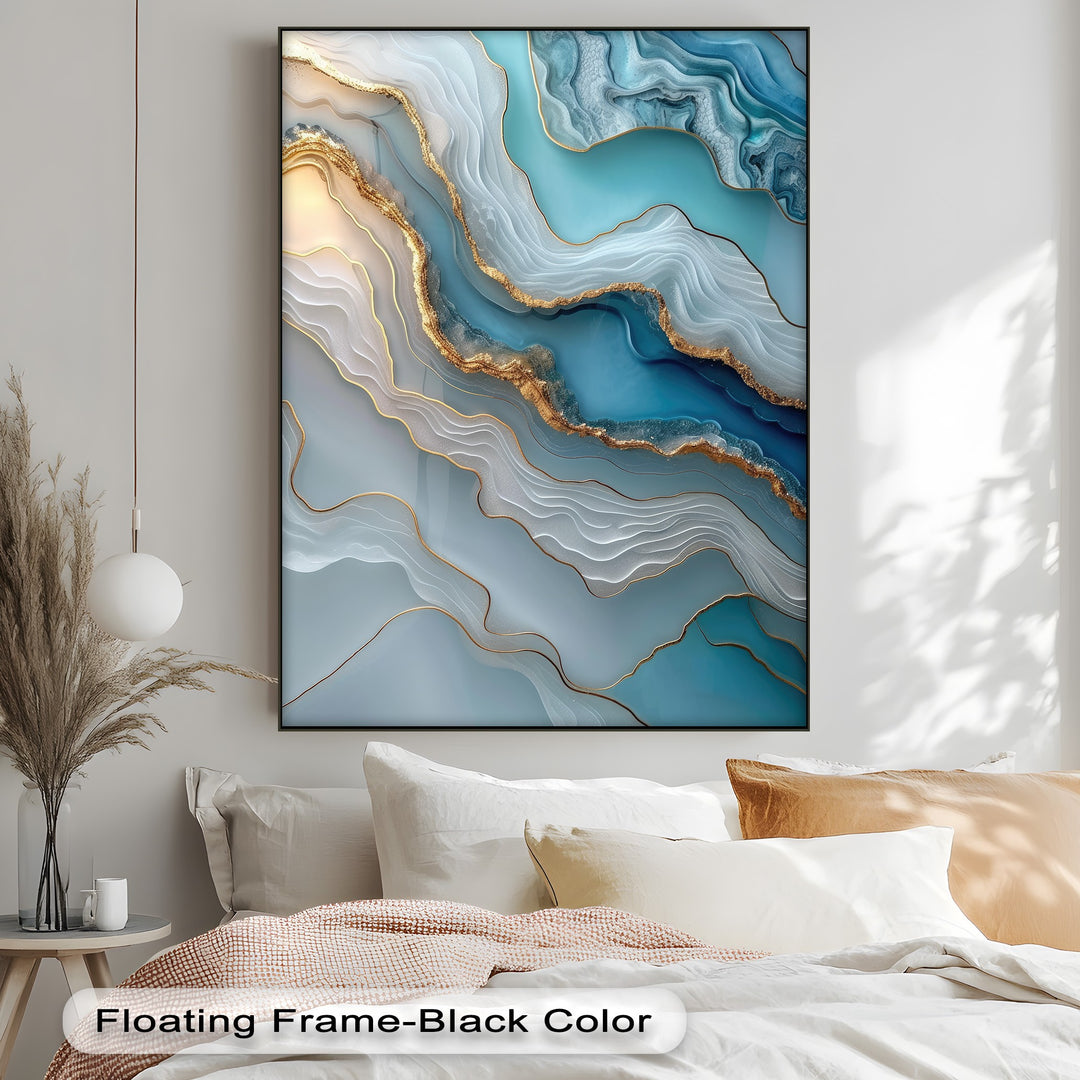 Soft bedding and a side table appear in the foreground, featuring 'Floating Frame-Black Color' text and a stunning abstract canvas painting.