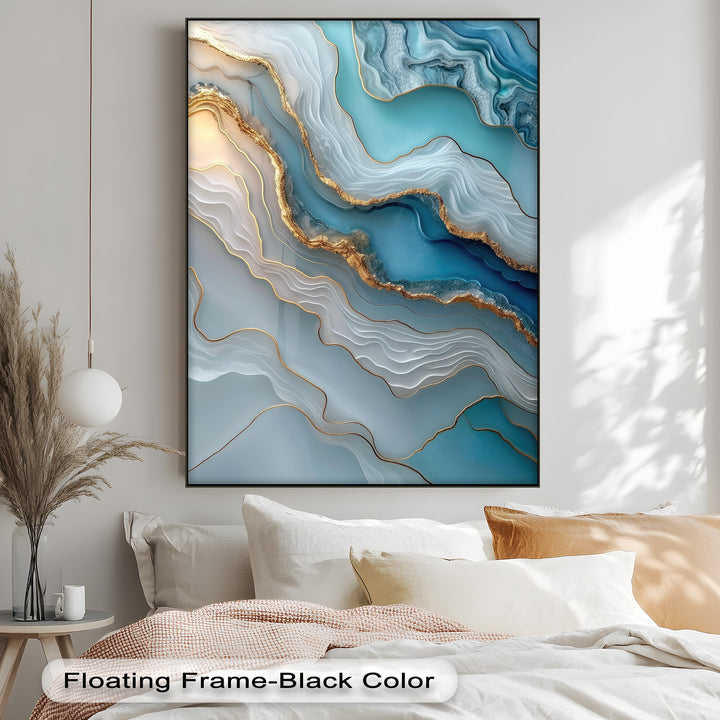 Soft bedding and a side table appear in the foreground, featuring 'Floating Frame-Black Color' text and a stunning abstract canvas painting.