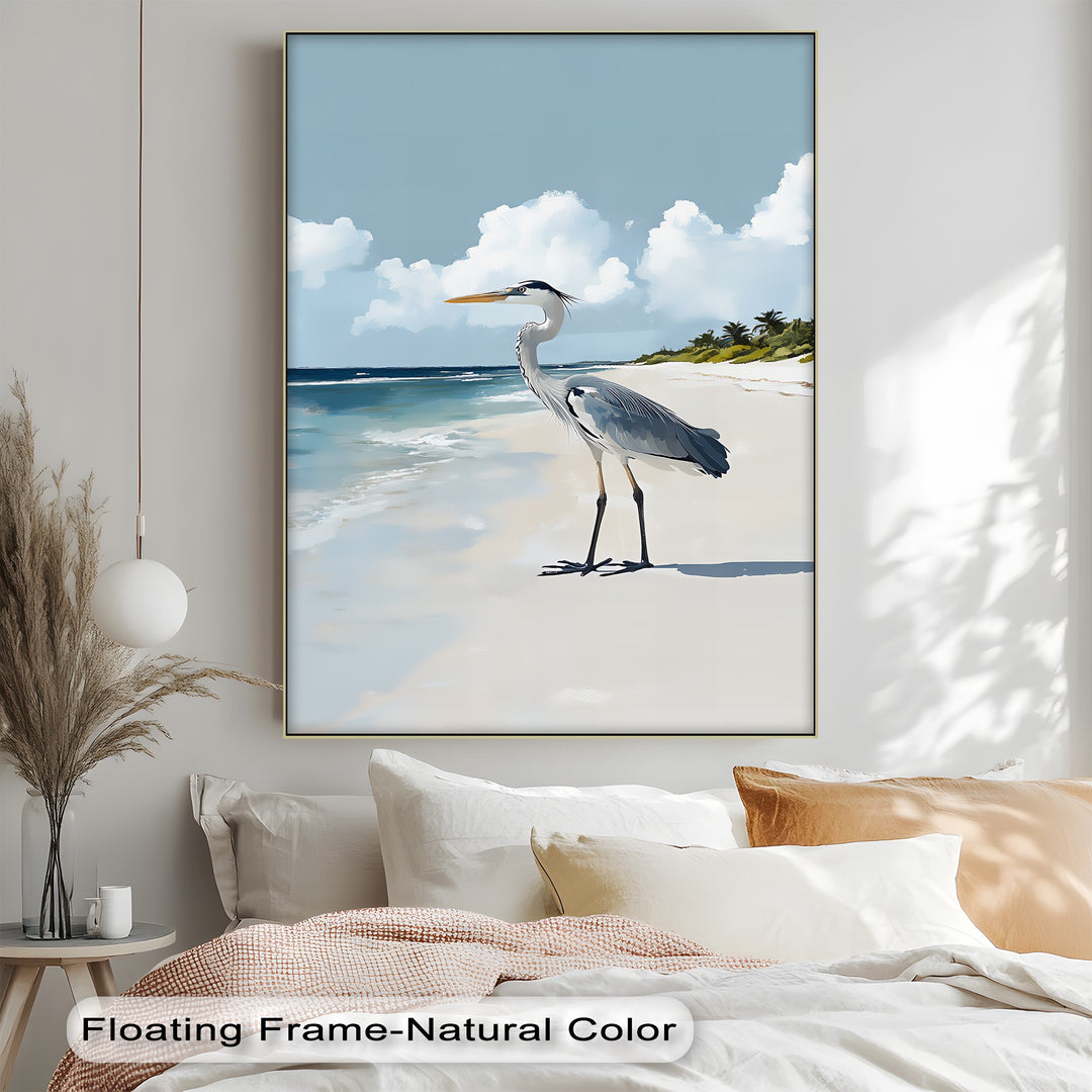 Coastal Heron Under Blue Skies – Tropical Beach Canvas Print