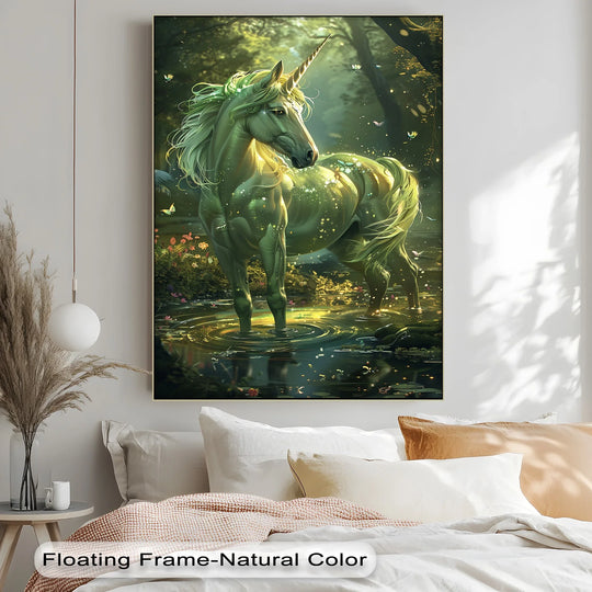 Layering best canvas prints, the wall art portrays a glowing green unicorn standing gracefully in an enchanted pond, creating a dreamy and immersive scene.