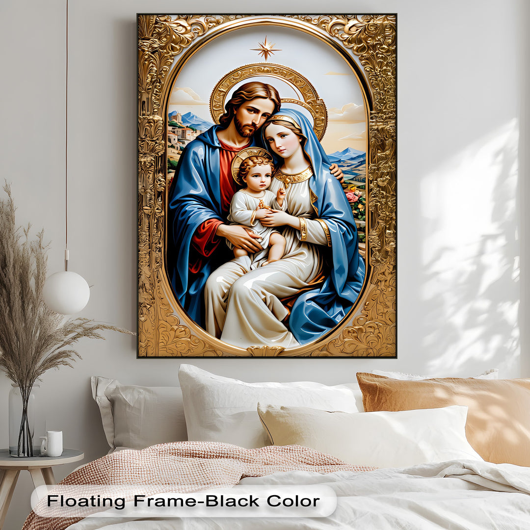 Appreciate the premium material quality of this unique canvas print, showcasing the vibrant Holy Family Christian religious gold wall art.