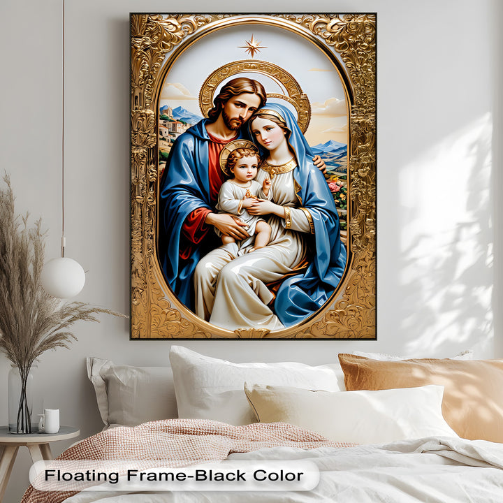 Appreciate the premium material quality of this unique canvas print, showcasing the vibrant Holy Family Christian religious gold wall art.