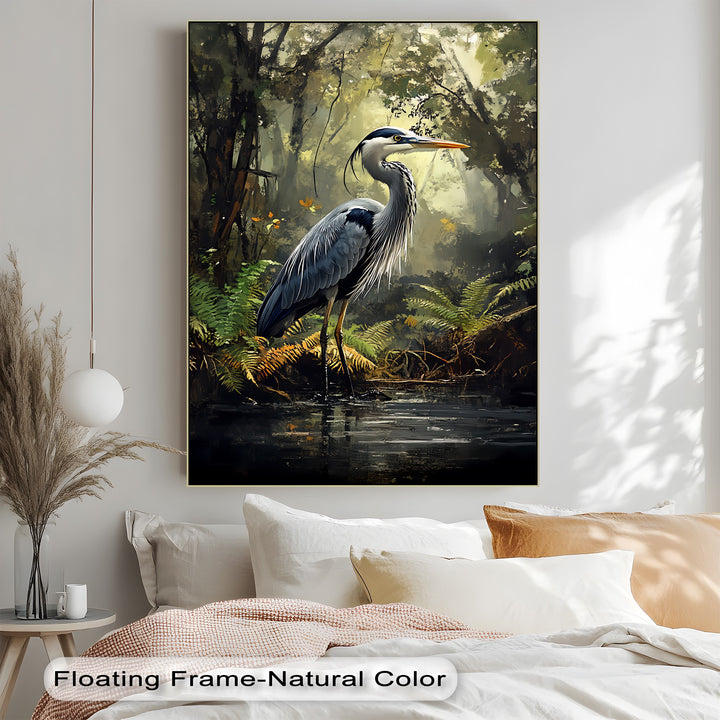 Misty Forest Heron – Wildlife Landscape Canvas Print