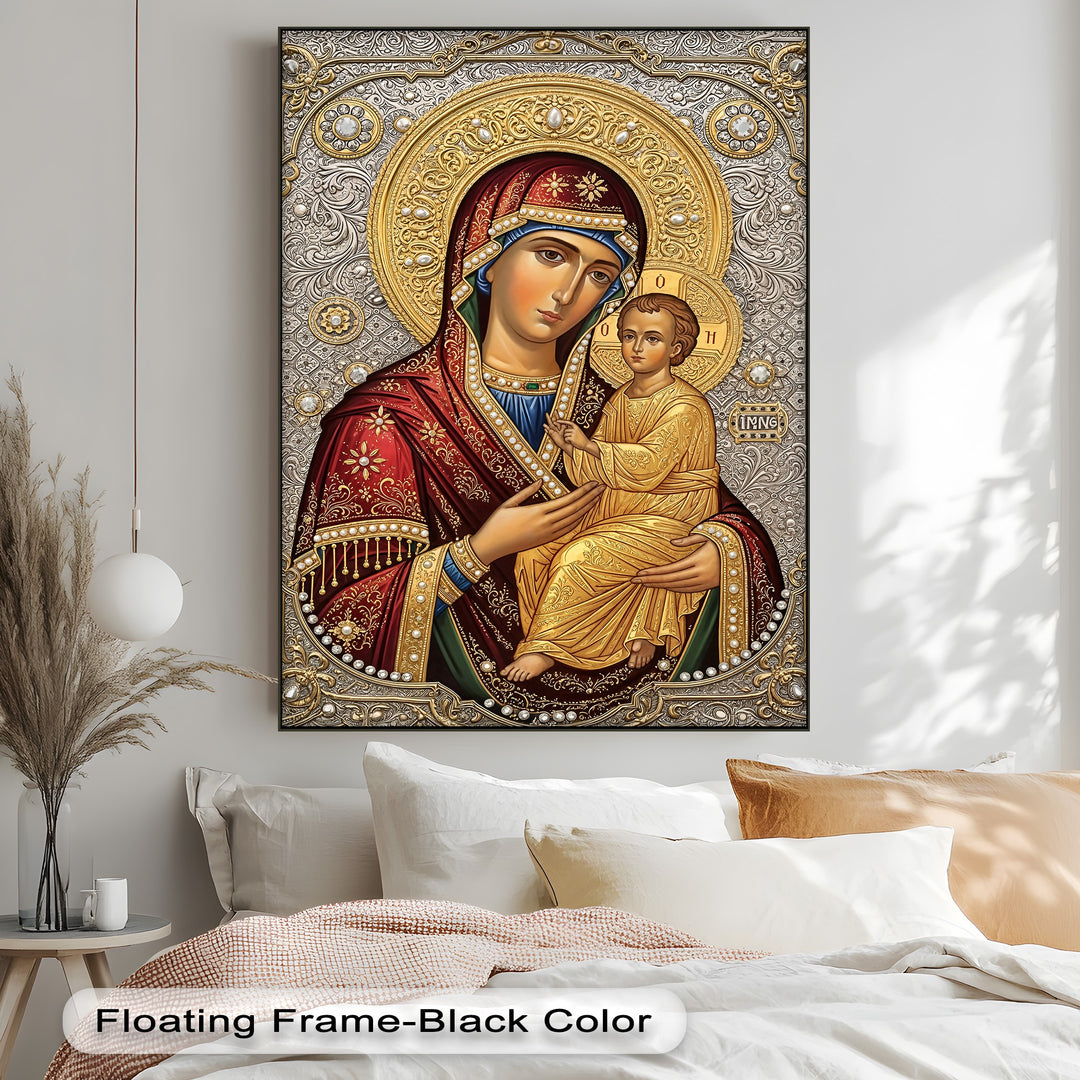 Enveloped by the darkest black floating frame, the Virgin Mary and Child canvas wall decor features deep maroon robes and intricate gold Christian icon artwork.