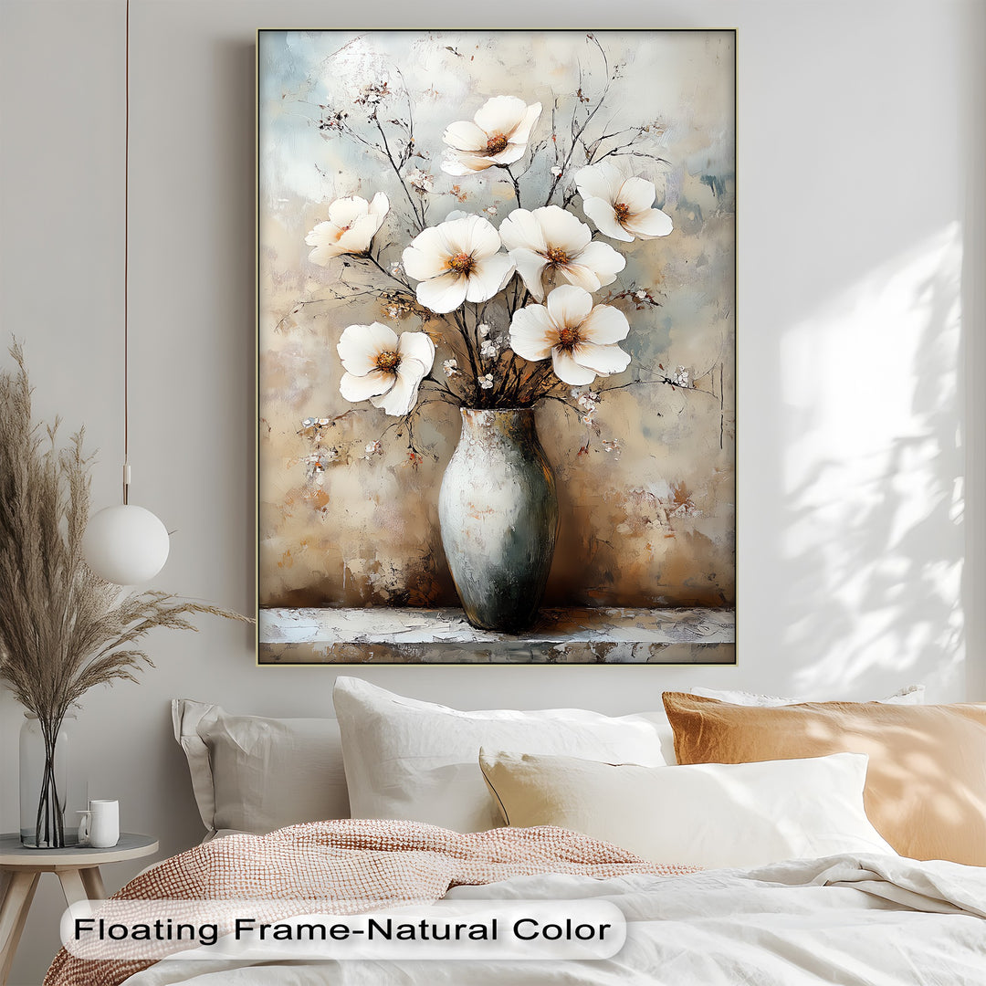 Vintage Bloom Still Life – White Flowers in Vase Canvas Print