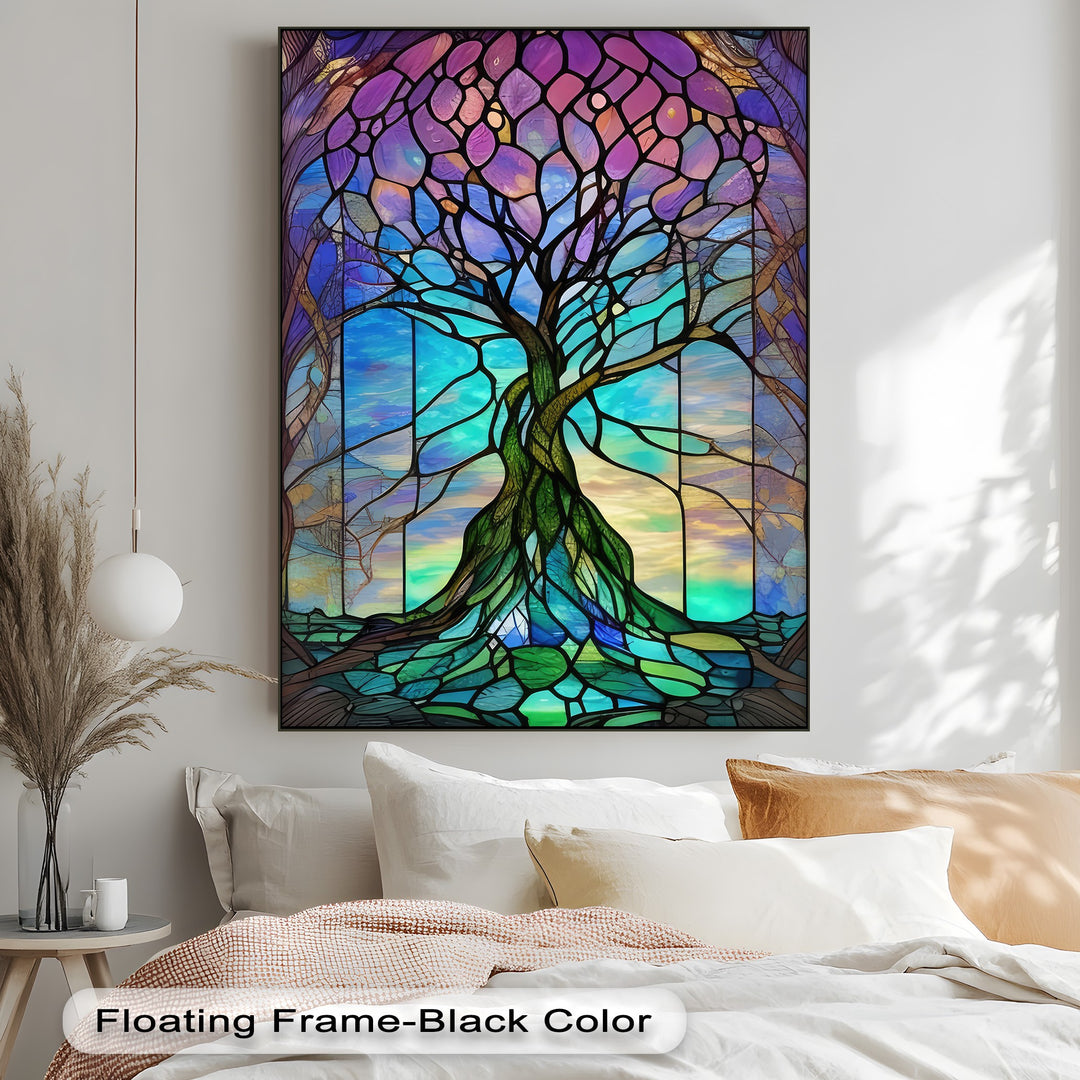A vibrant stained glass tree with purple and blue foliage, intricate teal roots, on a beautiful premium canvas decor.