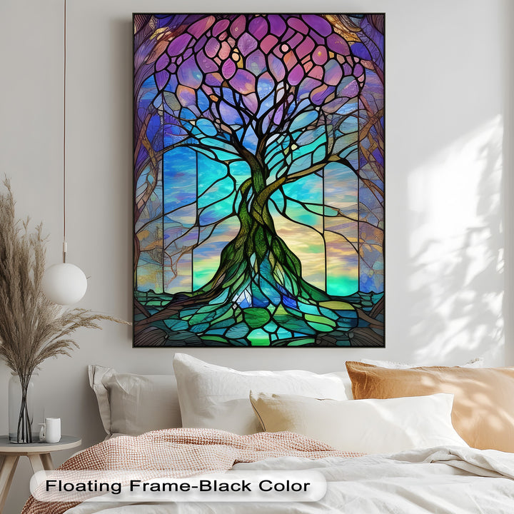 A vibrant stained glass tree with purple and blue foliage, intricate teal roots, on a beautiful premium canvas decor.