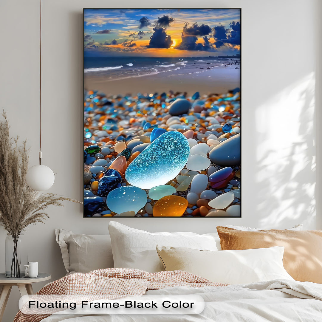 This big canvas prints masterfully displays color temperature, transitioning from the warm sunset to the cool, glittering sea glass beach.