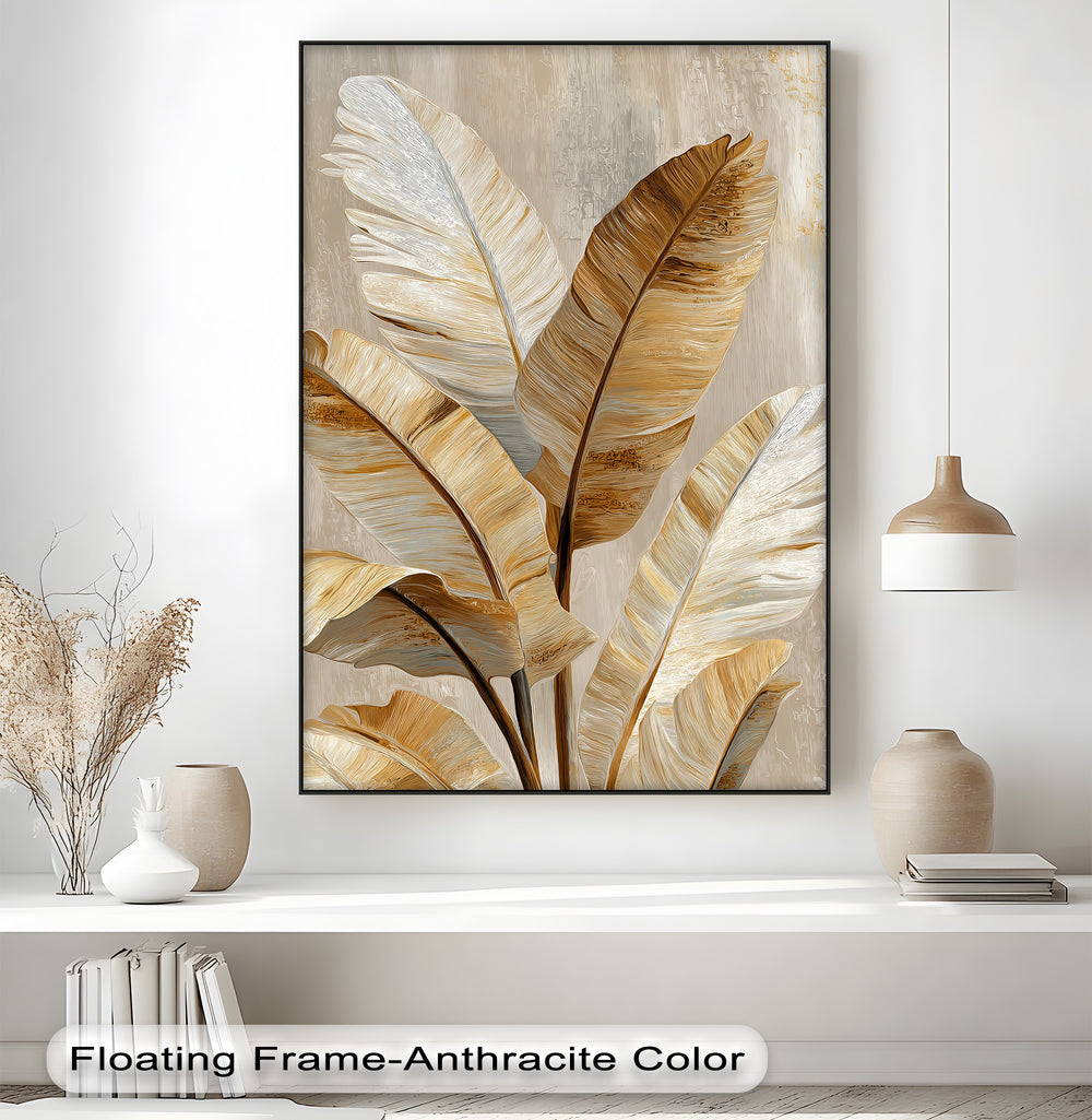 Elegant golden tropical leaf canvas art makes a loud statement as a neutral botanical wall art print in a stylish modern interior.