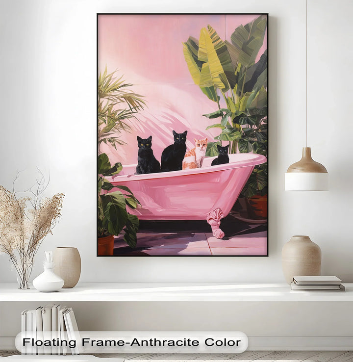 Four Cats in a Pink Bathtub – Playful Botanical Canvas Print - MyPhotoStation