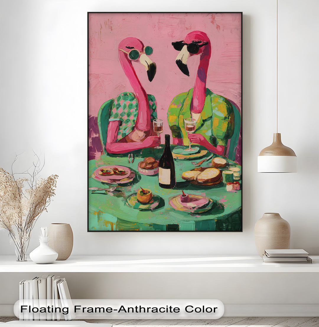 The layering effect in this playful flamingo dinner party pop art print creates depth, enhancing the stylish canvas wall art of sunglasses-clad birds.