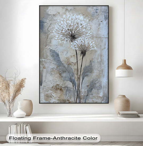 Textured background in neutral tones enhances the ethereal feel of this floral canvas art prints, accentuating the twin dandelion design.