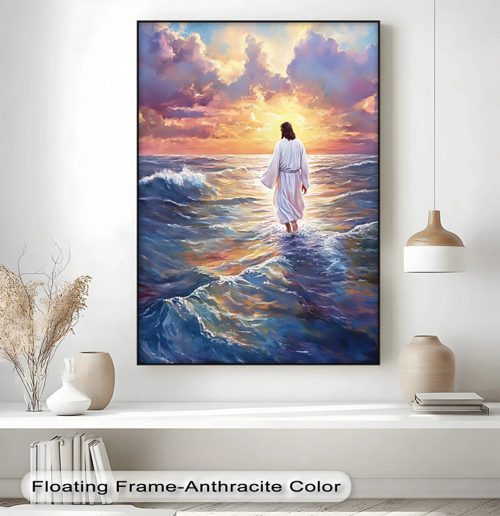 This glowing custom canvas print portrays Jesus walking into the light—perfect for peace and reflection.

