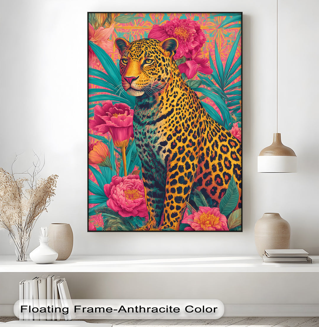 Regal Jungle Majesty – Vibrant Leopard in Floral Canvas Print
