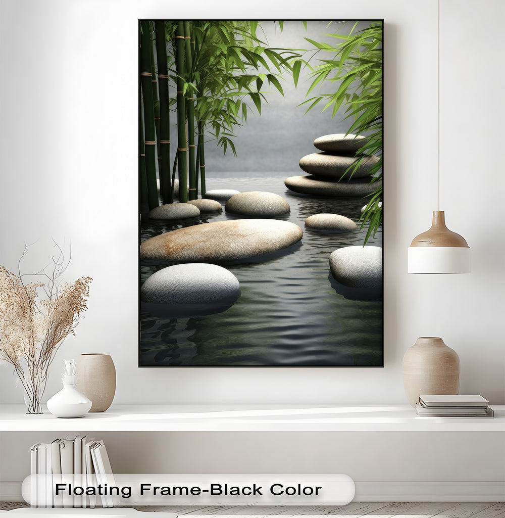 The sleek black frame perfectly borders the peaceful Bamboo Zen canvas painting, creating a distinct edge for the serene nature spa wall art.
