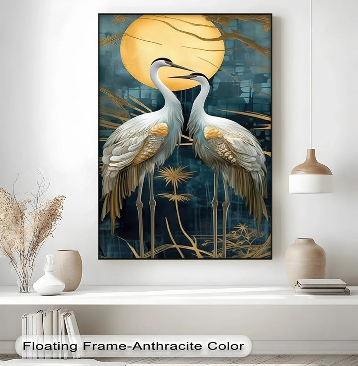 Moonlit Elegance – Golden Cranes Under Full Moon Canvas Print - MyPhotoStation