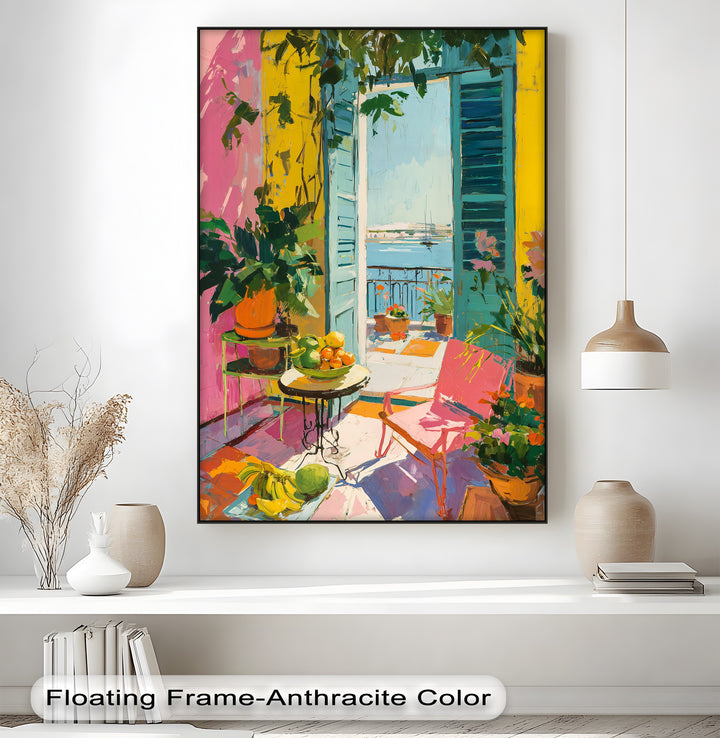 In this premium canvas decor, the painting background shows a bright blue coastal view visible through an open shutter on a Mediterranean balcony.