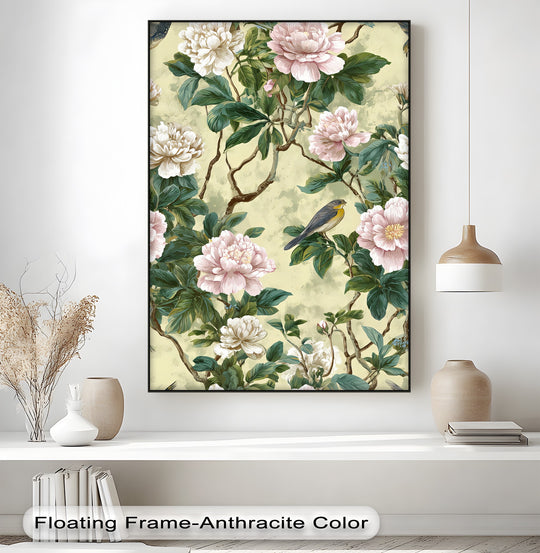 Botanical canvas artwork featuring a vintage-style design of pink and white peony flowers and a perching bird, highlighting the exquisite Peony Flowers and Bird canvas wall art.