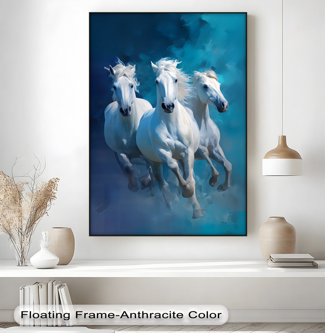 Galloping Spirits – Trio of White Horses in Motion Canvas Print