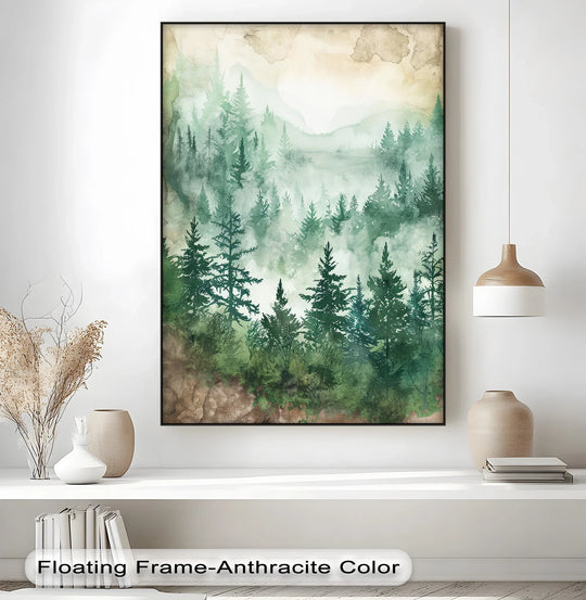 The stillness of a misty watercolor forest is captured in this canvas print, where green pines evoke quiet canvas pictures of a peaceful landscape.