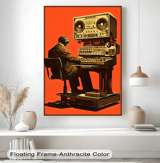 Negative space defines the subject in a balanced art print, highlighting a man in a sound studio with a unique hanging canvas of retro audio control.
