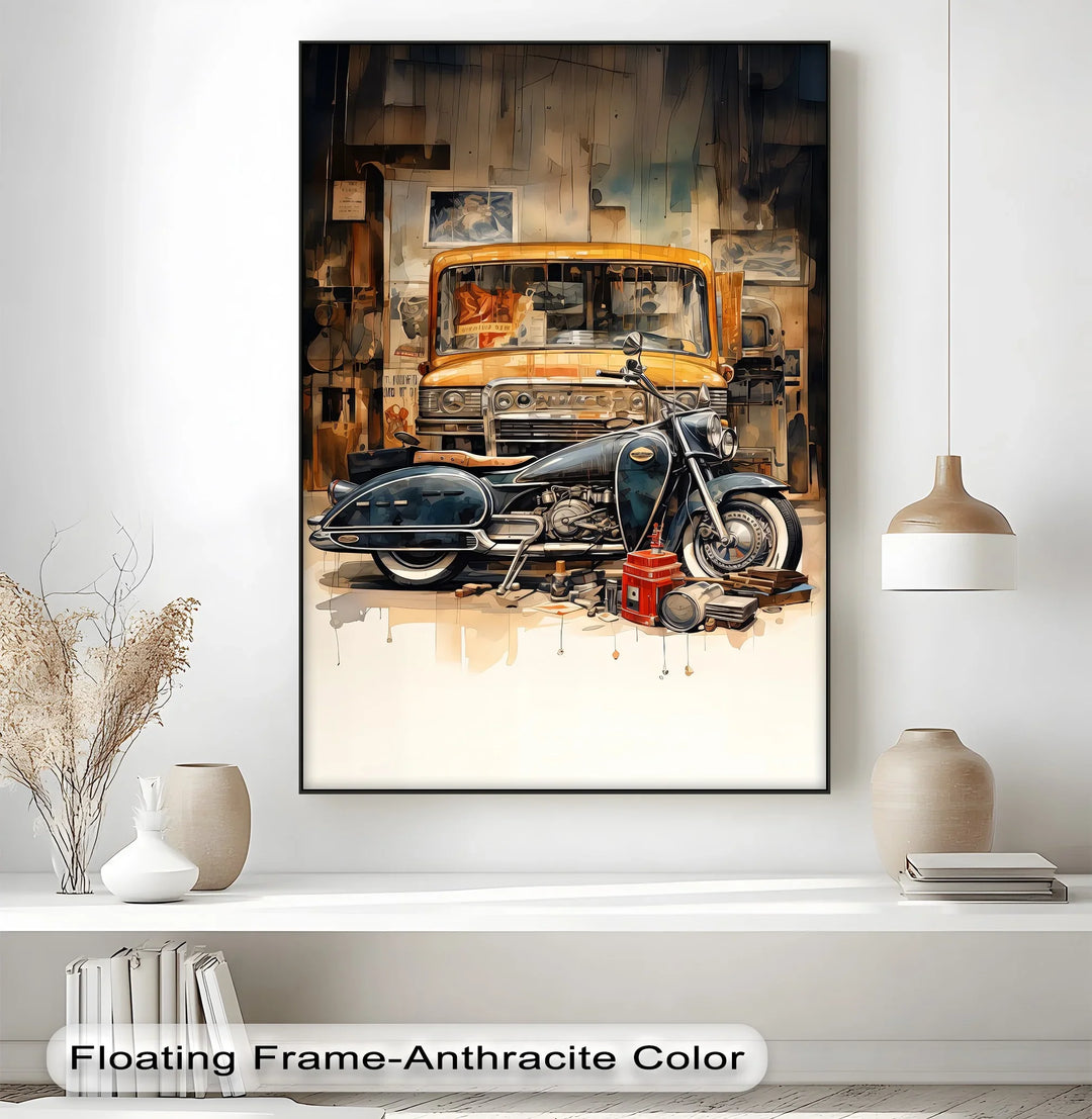 Garage Time – Classic Motorcycle and Vintage Truck Canvas Print - MyPhotoStation