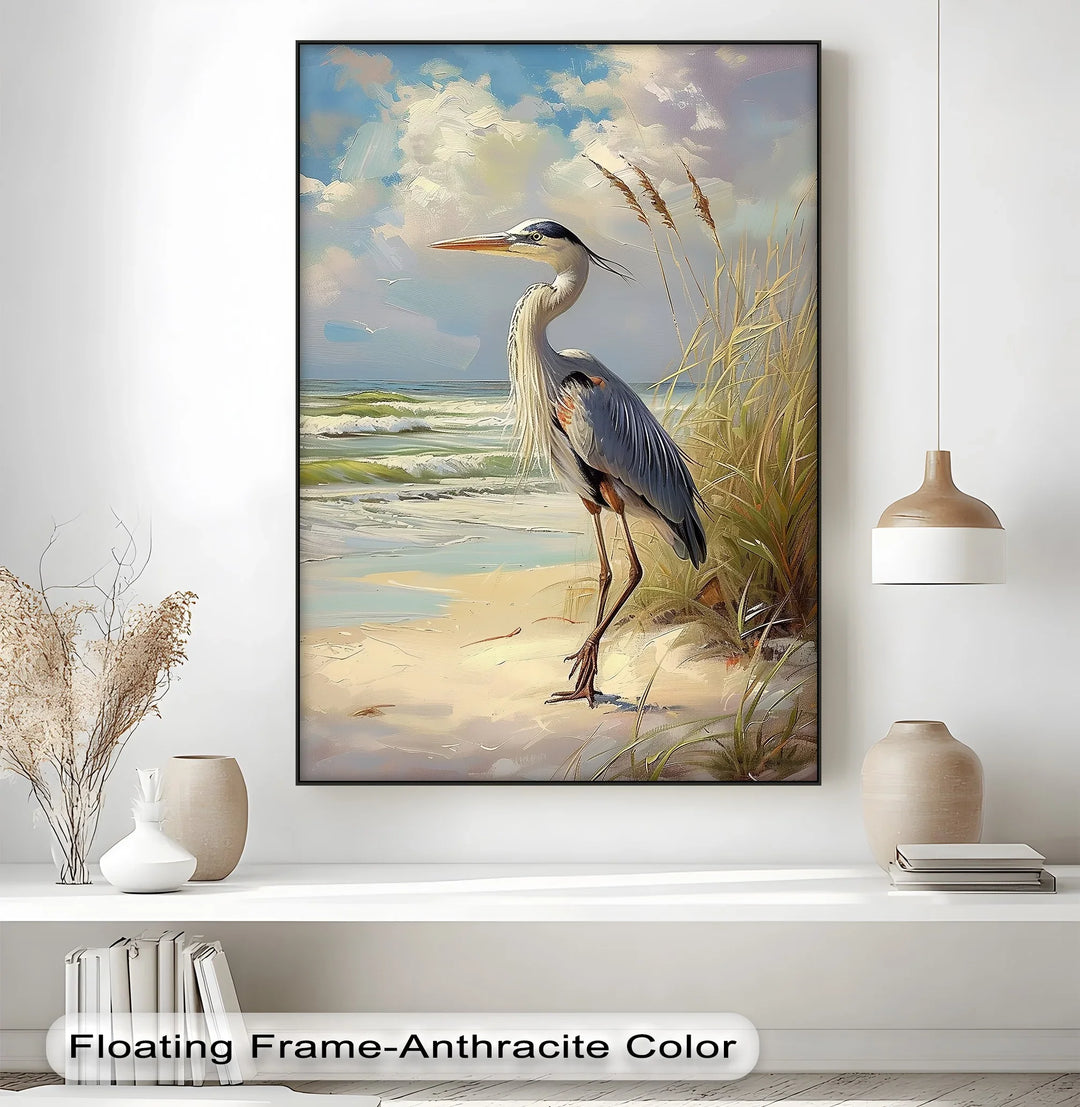 Coastal Grace – Majestic Heron by the Shore Canvas Print - MyPhotoStation