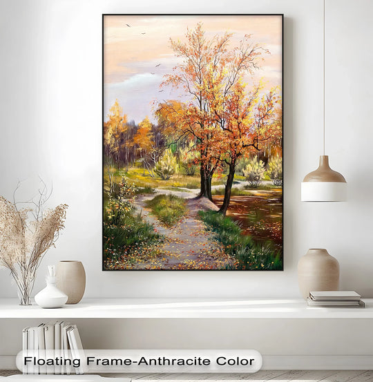 Foreground detail showcases a fallen foliage trail of golden leaves in this premium canvas decor, an autumn fall forest landscape scene.