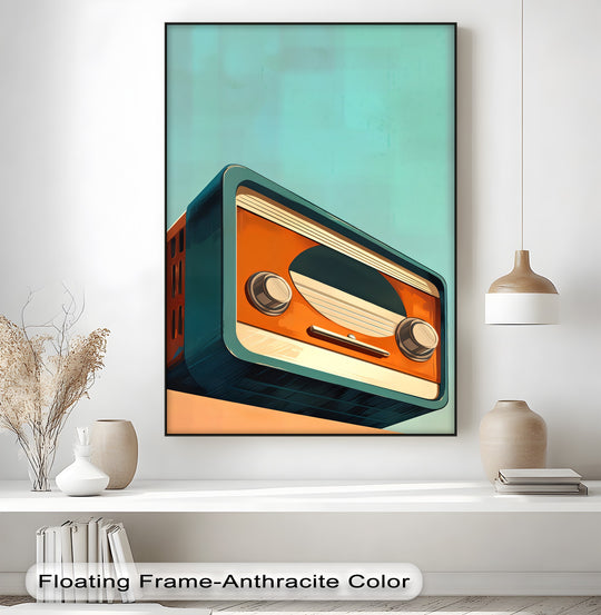 Highlighting the edge and borders, this canvas artwork features a minimal retro radio in orange and teal, presented as a sleek canvas print.