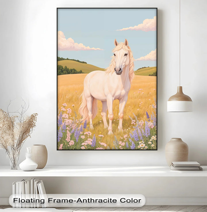 Golden Meadow Stallion – Horse in Wildflower Field Animal Canvas Print - MyPhotoStation