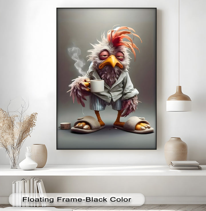 The smooth, matte finish of the canvas wall decor perfectly showcases the humorous Morning Grump Bird artwork, framed in a sleek black floating design.