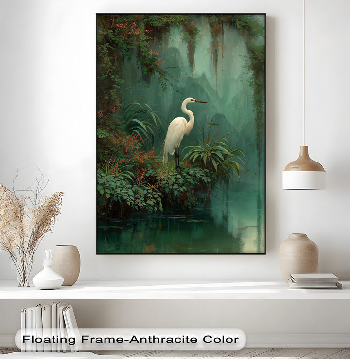 Layering effect enhanced by the lush greenery in this mystic jungle heron canvas wall decor, creating depth and dimension in the tropical wildlife art print.