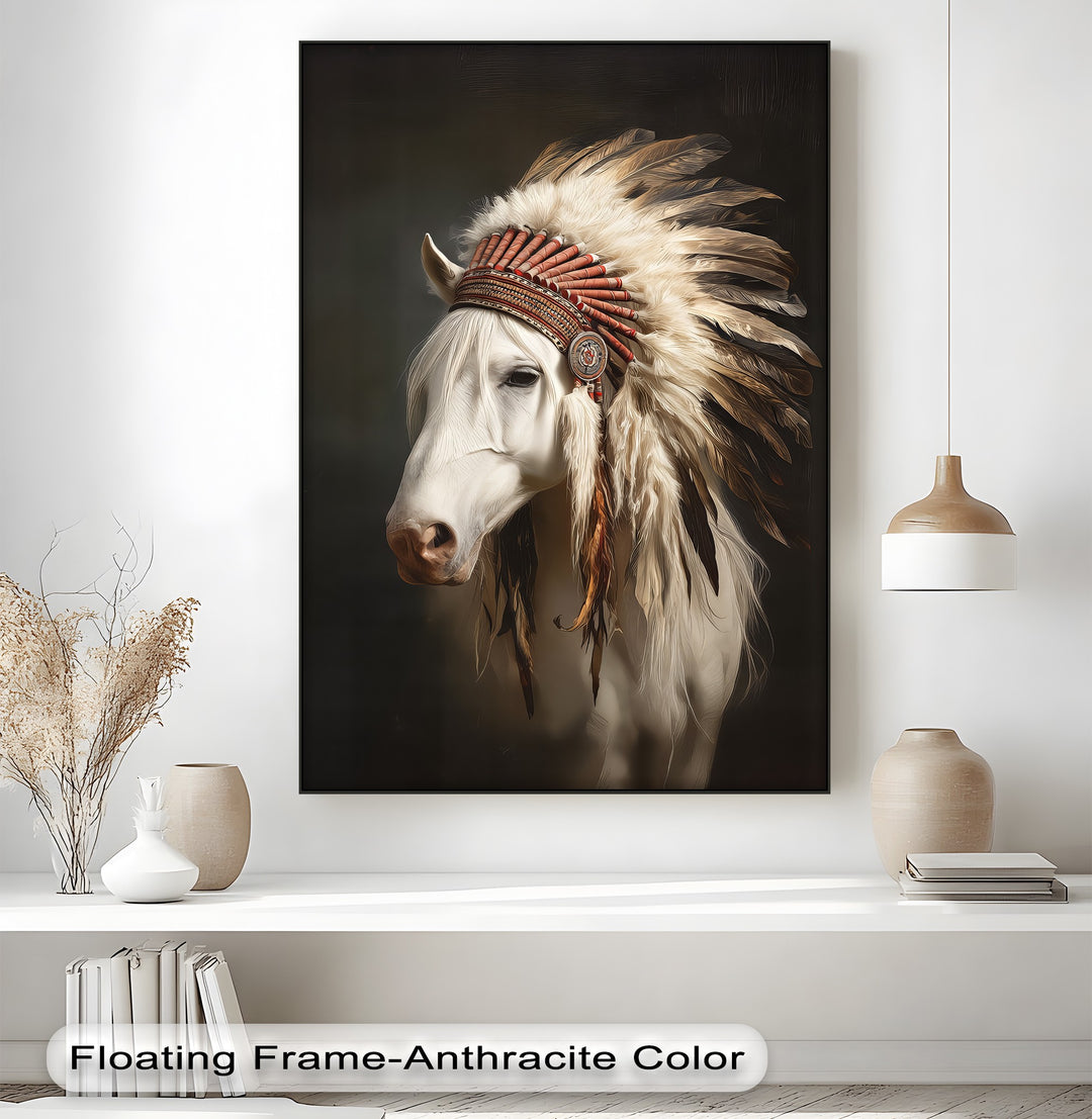 White Horse with Feathered Headdress - Horse Canvas Print